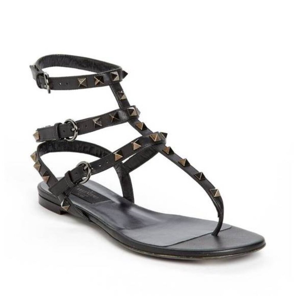 Valentino Garavani Noir Black Rockstud Thong Gladiator Sandals